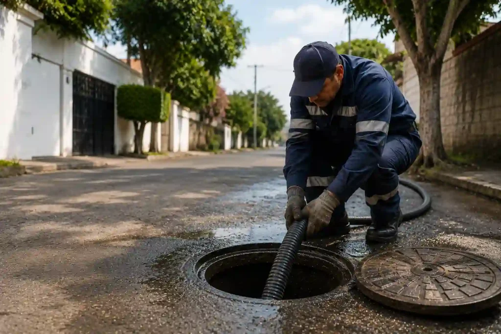 Técnico de Plomeros y Desazolve realizando desazolve de alcantarillado con manguera de succión en Tlalpan