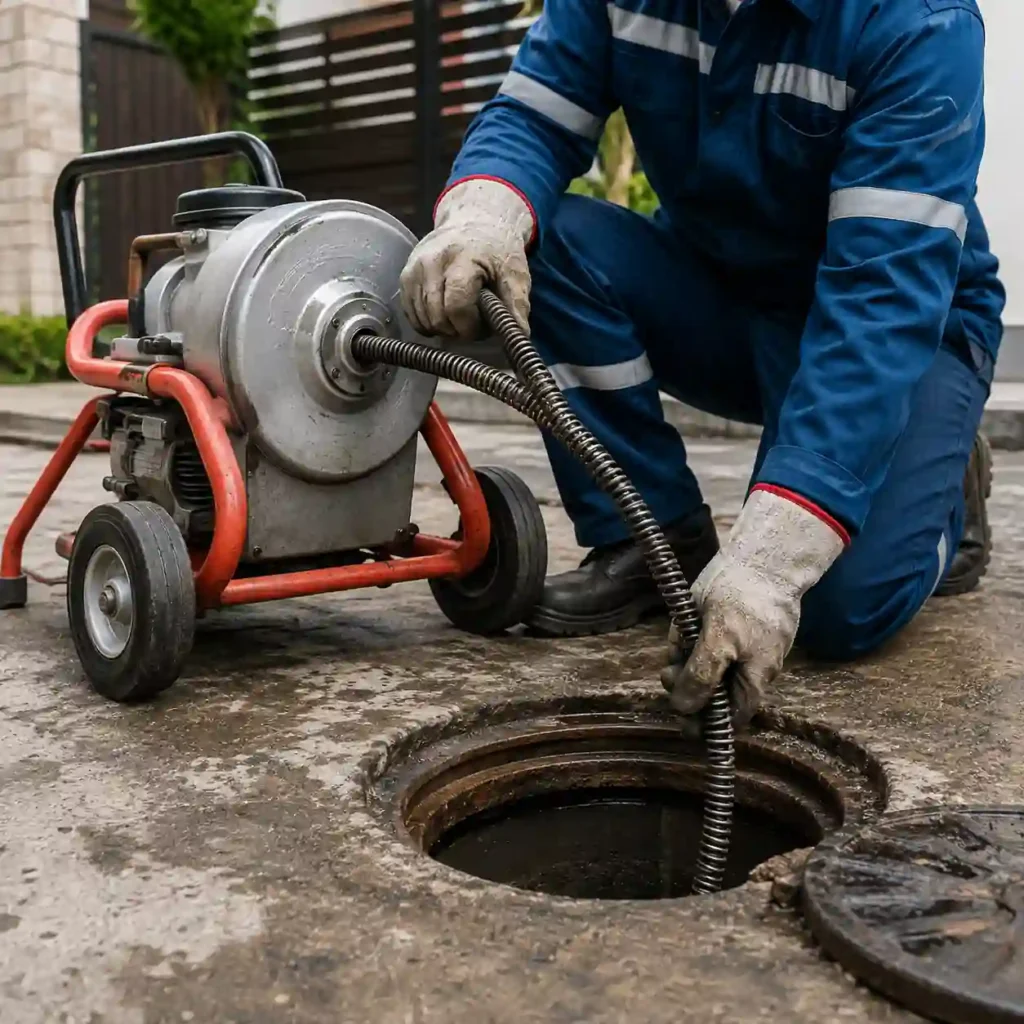 Técnico de Plomeros y Desazolve operando sonda eléctrica para el desazolve de coladera de piso en Miguel Hidalgo